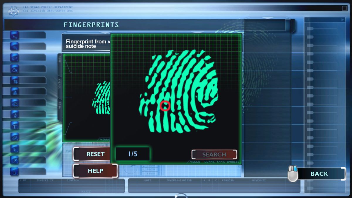 CSI: Crime Scene Investigation - Fatal Conspiracy (Windows) screenshot: Preparing a partial print by finding unique parts on it.