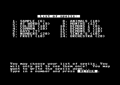 Magic Spells (Commodore 64) screenshot: List of Spells