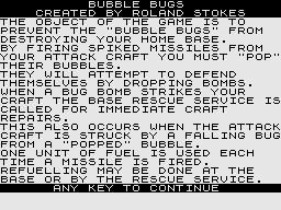 Bubble Bugs (ZX81) screenshot: Instructions.