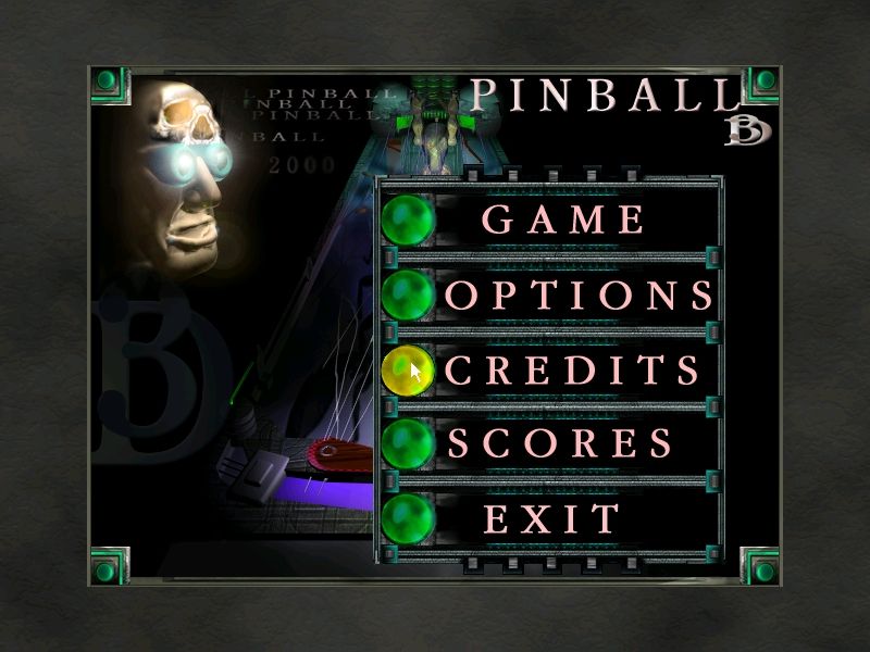Mega Pinball (Windows) screenshot: The main menu. The mouse has to be used here and the user must click on the green buttons if they want to do anything