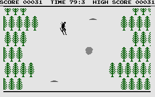 Olympic Skier (Commodore 16, Plus/4) screenshot: Obstacles to avoid