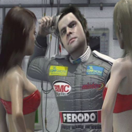 TOCA Race Driver 3 (PlayStation 2) screenshot: After an awful first lap the player, that's him in the middle, pulls into the pits, takes off his protective hood and meets Rick the team manager