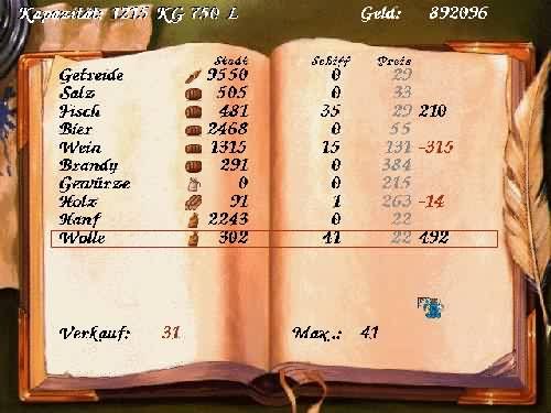 Gloriana (DOS) screenshot: The trading book