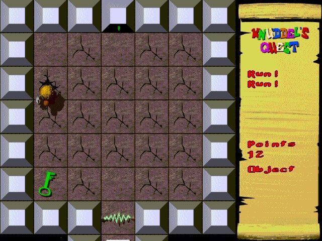 Knuddel's Quest (Windows) screenshot: Next level. The lines on the tiles mean that they will crumble when walked on so its important to keep moving. The plan is to grab the key, unlock the door and run to the switch