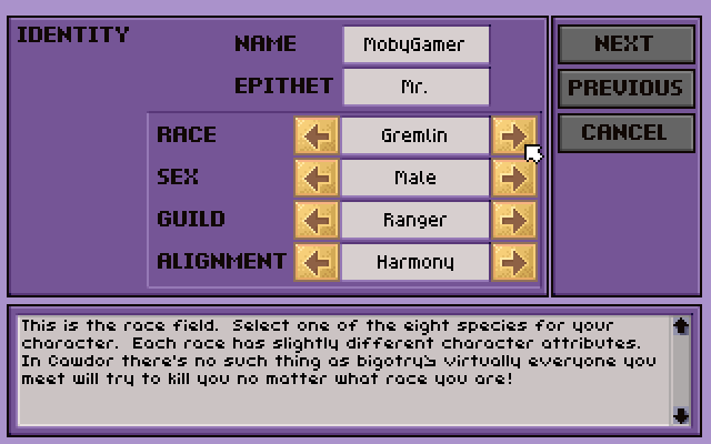 Ruins of Cawdor (DOS) screenshot: Naming a new character and making a few important decisions