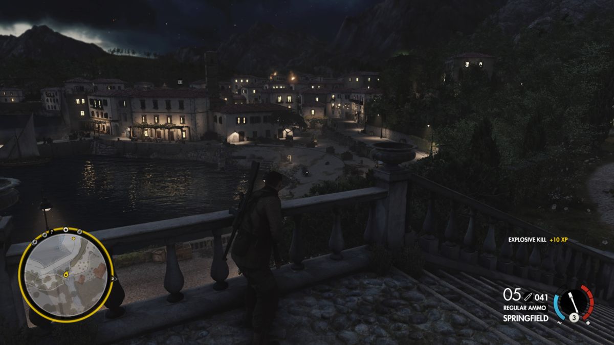Sniper Elite 4: Italia (PlayStation 4) screenshot: A small town at see under German occupation