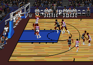 Lakers versus Celtics and the NBA Playoffs (Genesis) screenshot: Phoenix Suns star Tom Chambers rises for the dunk.