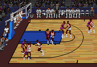 Lakers versus Celtics and the NBA Playoffs (Genesis) screenshot: Jordan tries to make a 3-pointer.