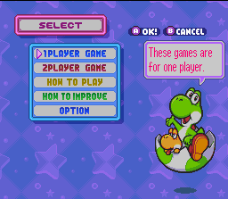 Tetris Attack (SNES) screenshot: This is the game mode selection screen. Choose your favorite and good game!