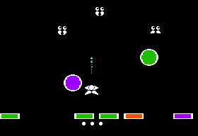 Lancaster (Apple II) screenshot: Shooting the mustached faces.