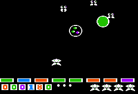 Lancaster (Apple II) screenshot: The balloon is ready to create three more mustached faces.
