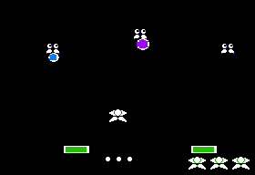 Lancaster (Apple II) screenshot: Mustached faces are blowing up the balloons.