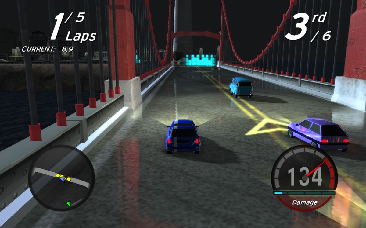Little Racers Street (Windows) screenshot: Racing over a bridge.