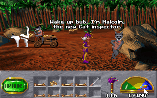 The Legend of Kyrandia: Book 3 - Malcolm's Revenge (DOS) screenshot: Arrived at the Cat Isle - for some reason, there seem to be a lot of dogs. You are in the "Lying" mode; and you have a lot of bones in your inventory