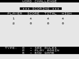 Concentration / Number Challenge / Word Challenge (ZX81) screenshot: Word Challenge: The scores.