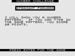 Concentration / Number Challenge / Word Challenge (ZX81) screenshot: Number Challenge: Player 1's next game.