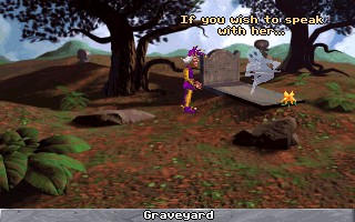 The Legend of Kyrandia: Book 3 - Malcolm's Revenge (DOS) screenshot: Malcolm meets a helpful ghost in the graveyard. Is he tormented by guilt - or eager to prove his innocence?..