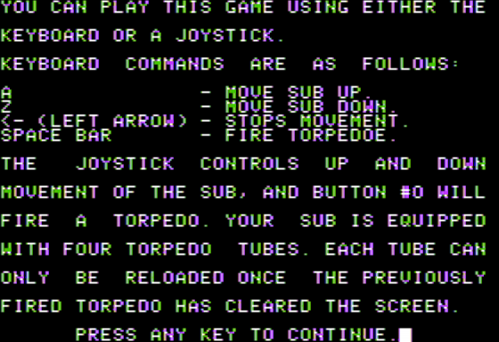 Raven-7 & Submarine Command! (Apple II) screenshot: Submarine Instructions