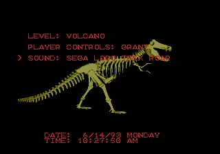 Jurassic Park (Genesis) screenshot: Debug menu: level select, music player