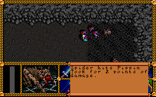 J.R.R. Tolkien's The Lord of the Rings, Vol. I (DOS) screenshot: You are on a side quest to rescue lost children. It culminates in a battle against a fearsome spider