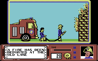 Fireman Sam (Commodore 64) screenshot: Putting out the fire