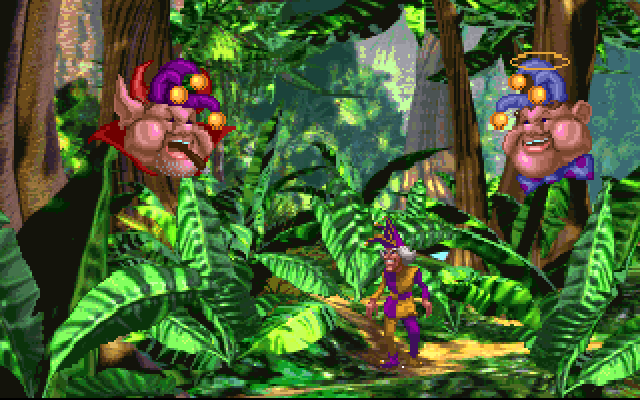 The Legend of Kyrandia: Book 3 - Malcolm's Revenge (DOS) screenshot: The jungle on the Isle of cats is a pain to navigate. Which one's help will you take!?