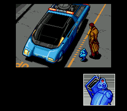 Snatcher (SEGA CD) screenshot: Entering your vehicle with your faithful helper, Metal Gear