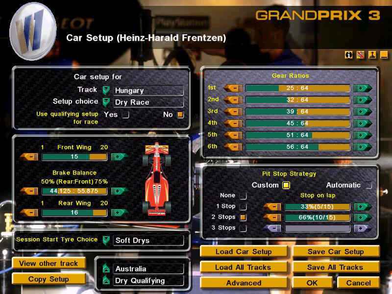 Grand Prix 3 (Windows) screenshot: Set up the gear ratios etc. before racing