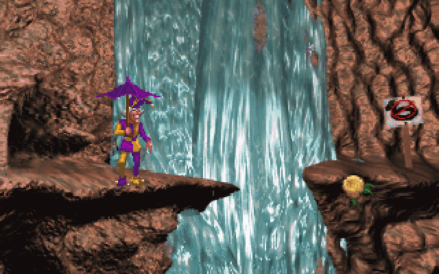 The Legend of Kyrandia: Book 3 - Malcolm's Revenge (DOS) screenshot: To jump or not to jump... knowing Malcolm, he'll vote for jump