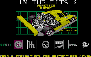 Fast Lane! The Spice Engineering Challenge (Atari ST) screenshot: Adjusting the car: you can change the amount of fuel, set the angle of spoilers and see the damage of the systems