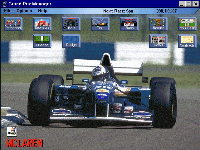 Grand Prix Manager (Windows 16-bit) screenshot: The main screen