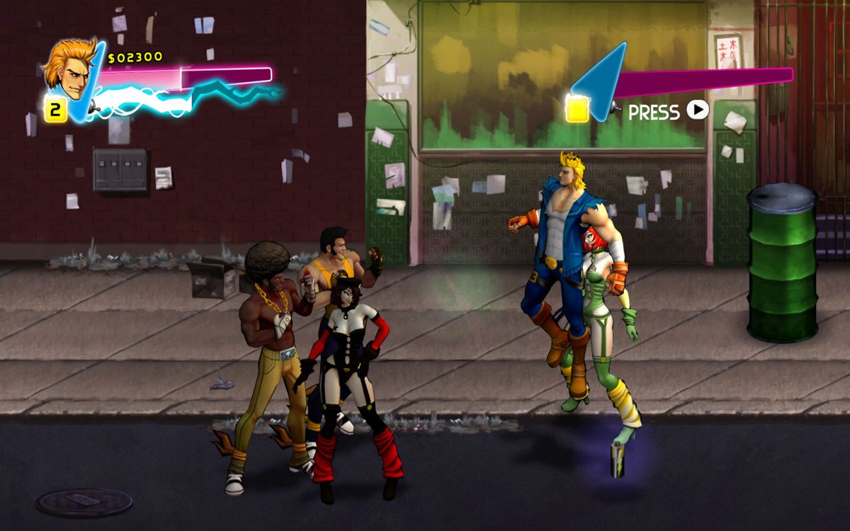 Double Dragon Neon (Windows) screenshot: Fighting four enemies at once.