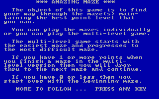 Amazing Maze (DOS) screenshot: Instructions