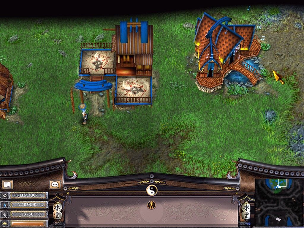 Battle Realms (Windows) screenshot: To the left is our Dojo, to the right is our Geisha house (training in progress :)