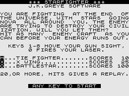 Starfighter / Pyramid / Artist (ZX81) screenshot: Starfighter: Title Screen.