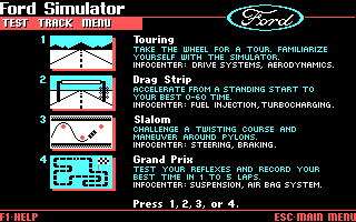 The Ford Simulator (DOS) screenshot: Track selection. There's a training mode and three different challenges.