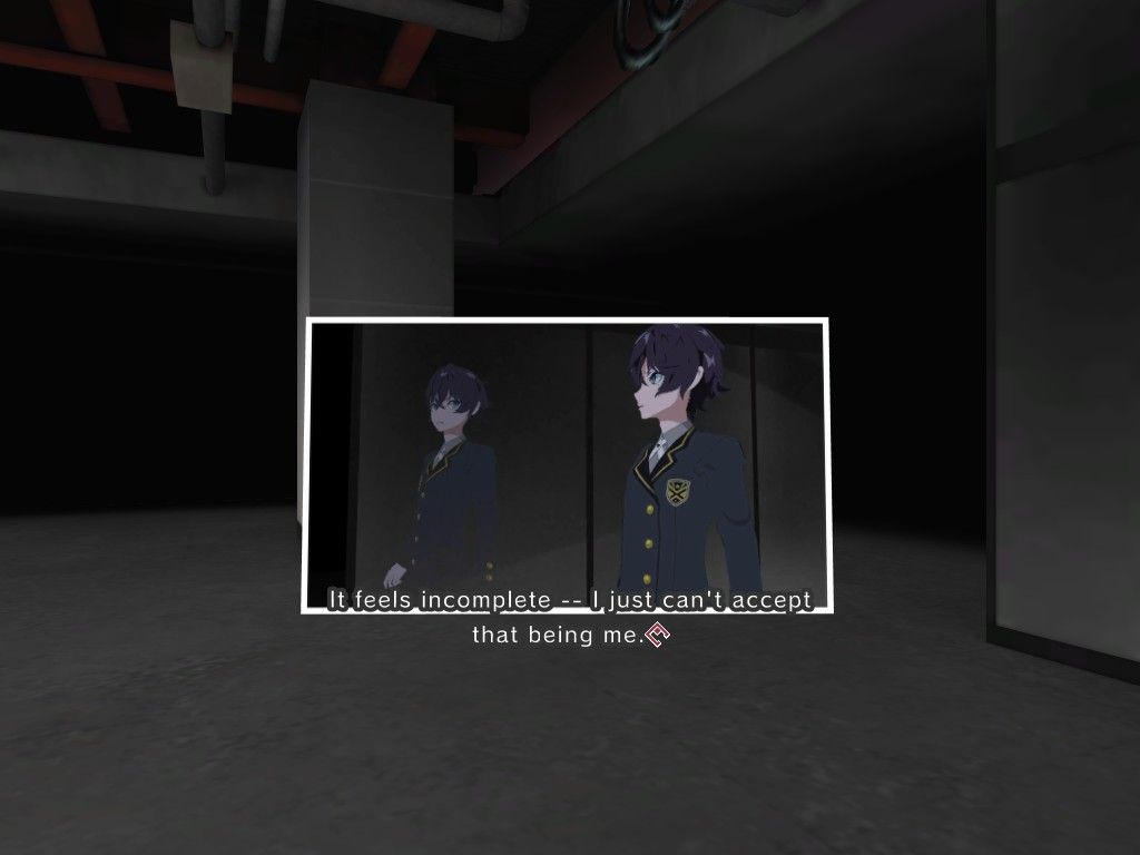 Tokyo Chronos (Windows) screenshot: The game uses small windows like this as a device for showing incongruities and memories. Here the main character sees himself in a pane of glass and yet there's something odd