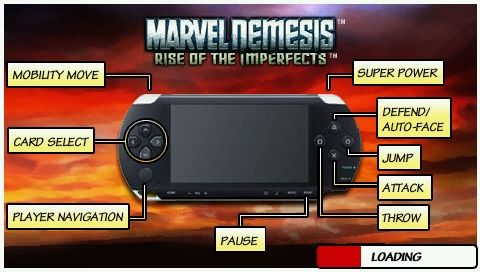 Marvel Nemesis: Rise of the Imperfects (PSP) screenshot: Loading screen with an explanation of the controls