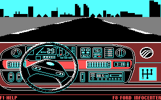 The Ford Simulator (DOS) screenshot: The Grand Prix mode gives you a city skyline for a change. You need to drive one to five laps as fast as possible.