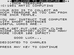 Adventure B (ZX81) screenshot: Title Screen.