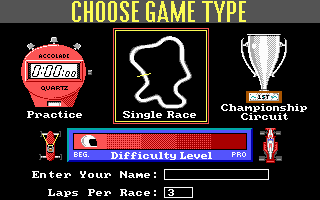 Grand Prix Circuit (DOS) screenshot: Main Menu (EGA)
