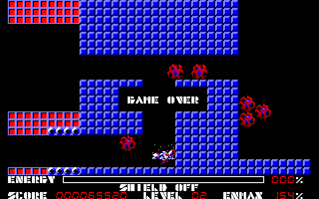 Thexder (PC-88) screenshot: Many of the enemies like to swarm around Thexder and attack him from multiple sides to drain his energy, so Game Over can come very quickly
