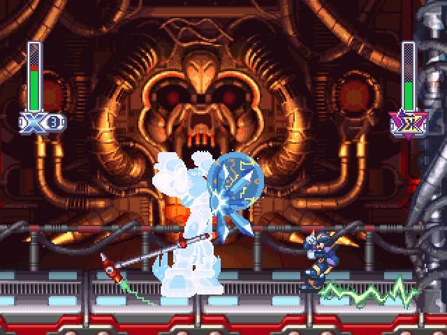 Mega Man X4 (Windows) screenshot: An exciting battle between X and Humanoid Sigma