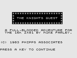 The Knights Quest (ZX81) screenshot: Title Screen.