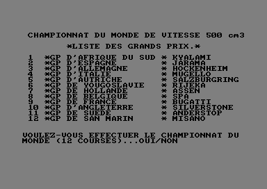 500 cc Grand Prix (Amstrad CPC) screenshot: Circuits list