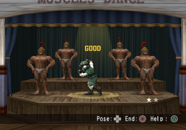 Metal Saga (PlayStation 2) screenshot: This ridiculous minigame involves rhythmical exercising with a bunch of homoerotic bodybuilders!..