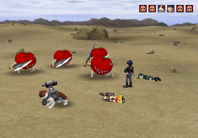 Metal Saga (PlayStation 2) screenshot: Oh no! I've been massacred by knife-wielding tomato bandits! Seriously, this is not a joke!..