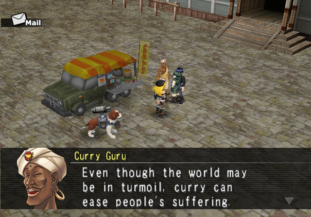 Metal Saga (PlayStation 2) screenshot: Seriously? And here I was thinking it was faith in Jesus Christ... I met this funny curry philosopher in the town of East Zero