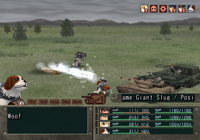 Metal Saga (PlayStation 2) screenshot: Battle in a grassy area. Your dog attacks! Woof, indeed!.. ... Why, do you have a better name?..
