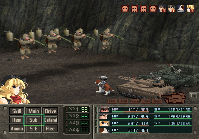 Metal Saga (PlayStation 2) screenshot: Battle menu displaying during an encounter with maniacal flying monkeys!..